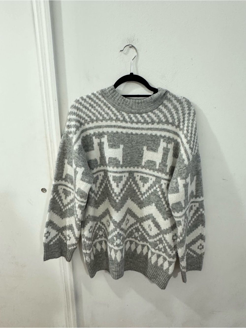 H&M Cozy Fair Isle Crewneck Sweater Dress, Gray & Cream, size XS